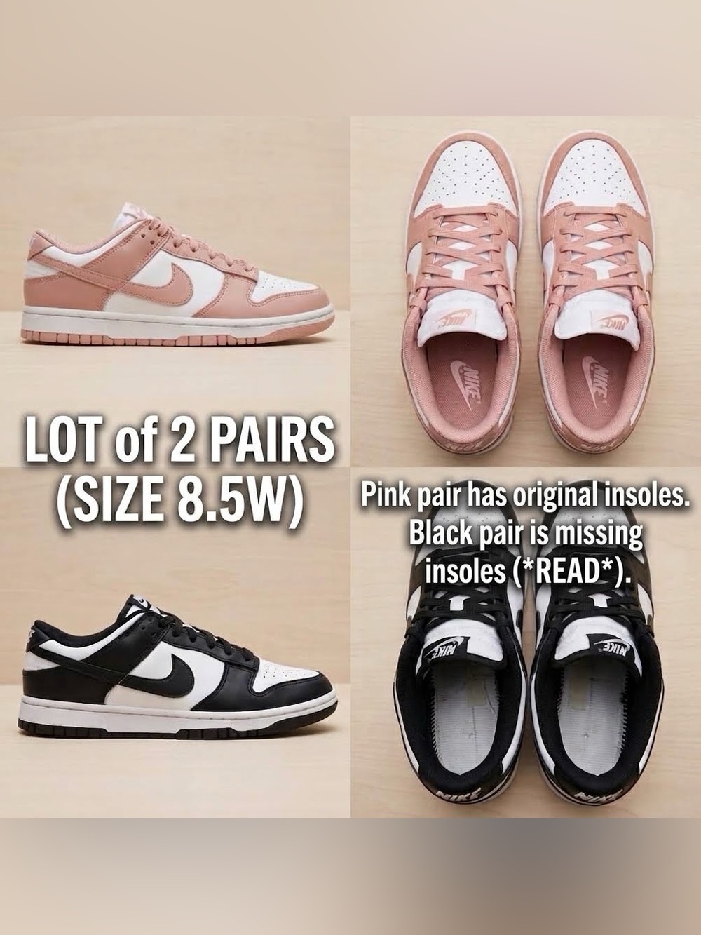 Lot of two Nike Women's Dunk Low Sneakers size 8.5 - Pink/White and Black/White